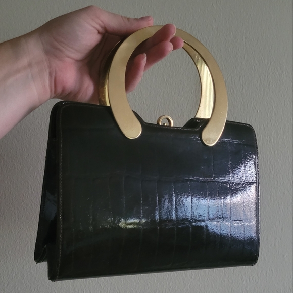 Block Handbags - Vintage faux crocodile Block brand women's purse gold tone handle bag